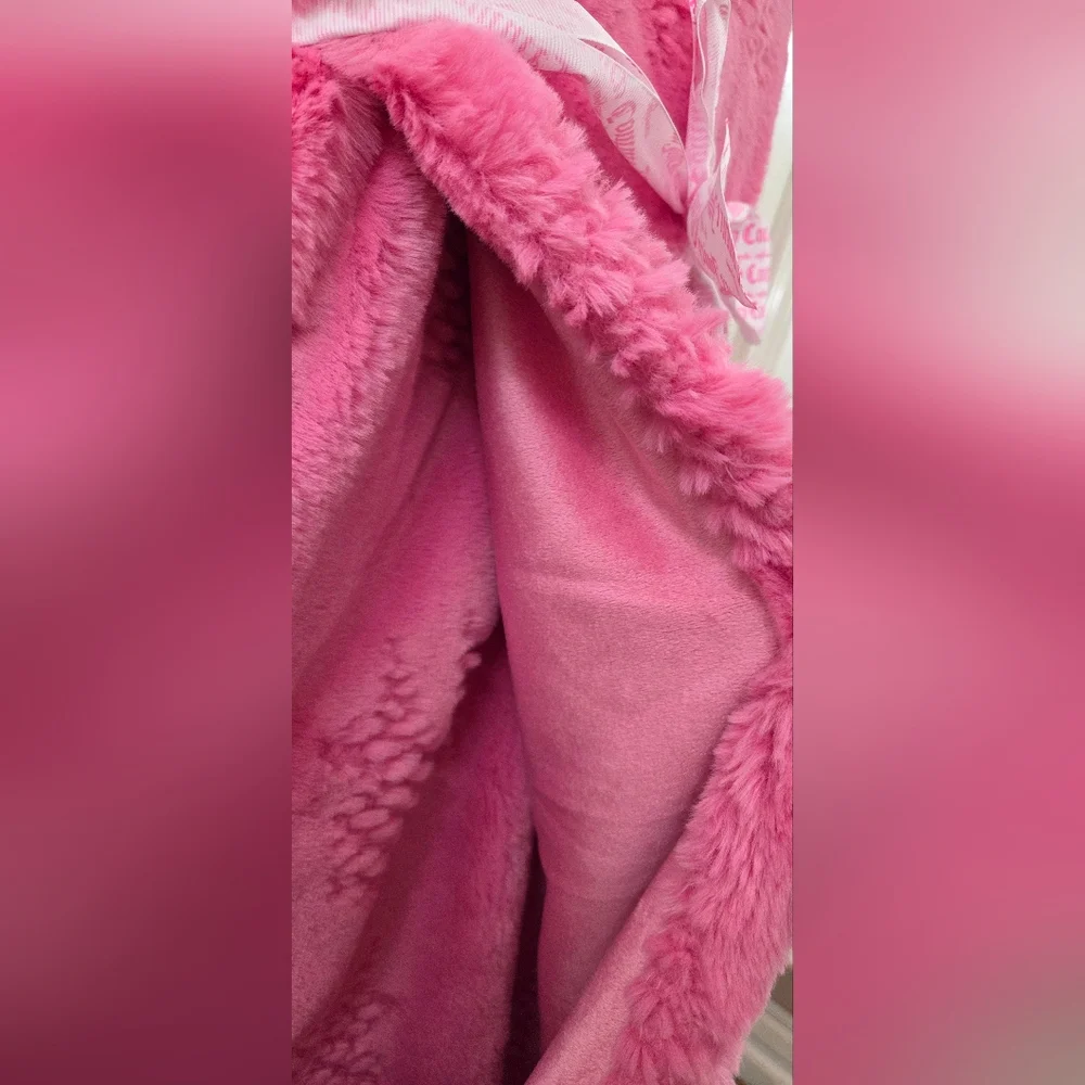 Juicy Couture Home Barbie Pink Bow Jacquard Faux Fur Throw Blanket